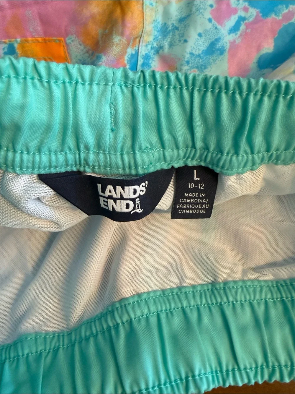 Lands' End Pastel Tie-Dye Swim Trunks in Aqua, Pink & Orange size L(10-12)